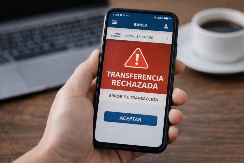 transferencia bancaria rechazada en aplicación bancaria